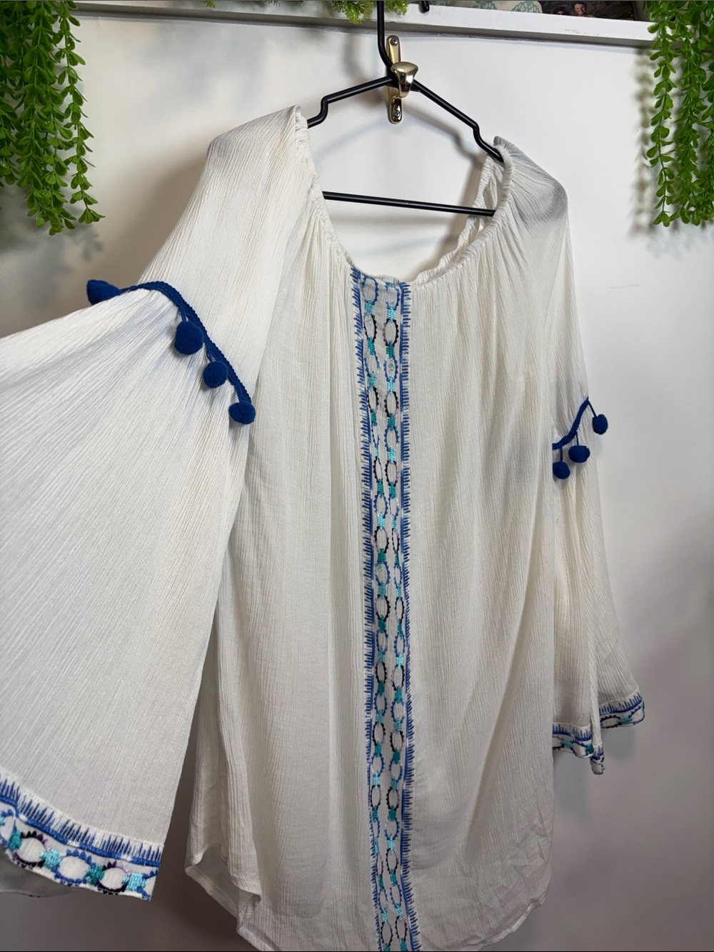 White Boho Tunic with Blue Embroidery and Pom-Trim